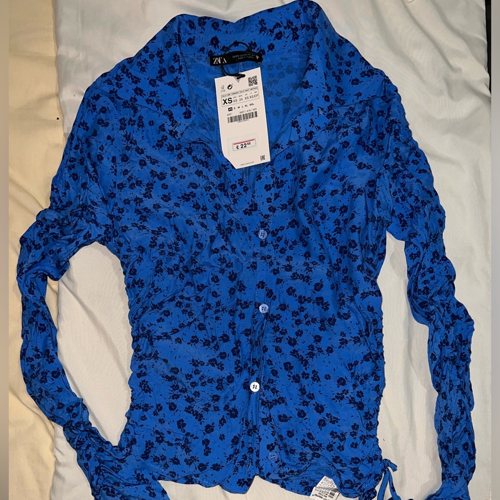 Zara Blue Flower Button Long Sleeve Blouse